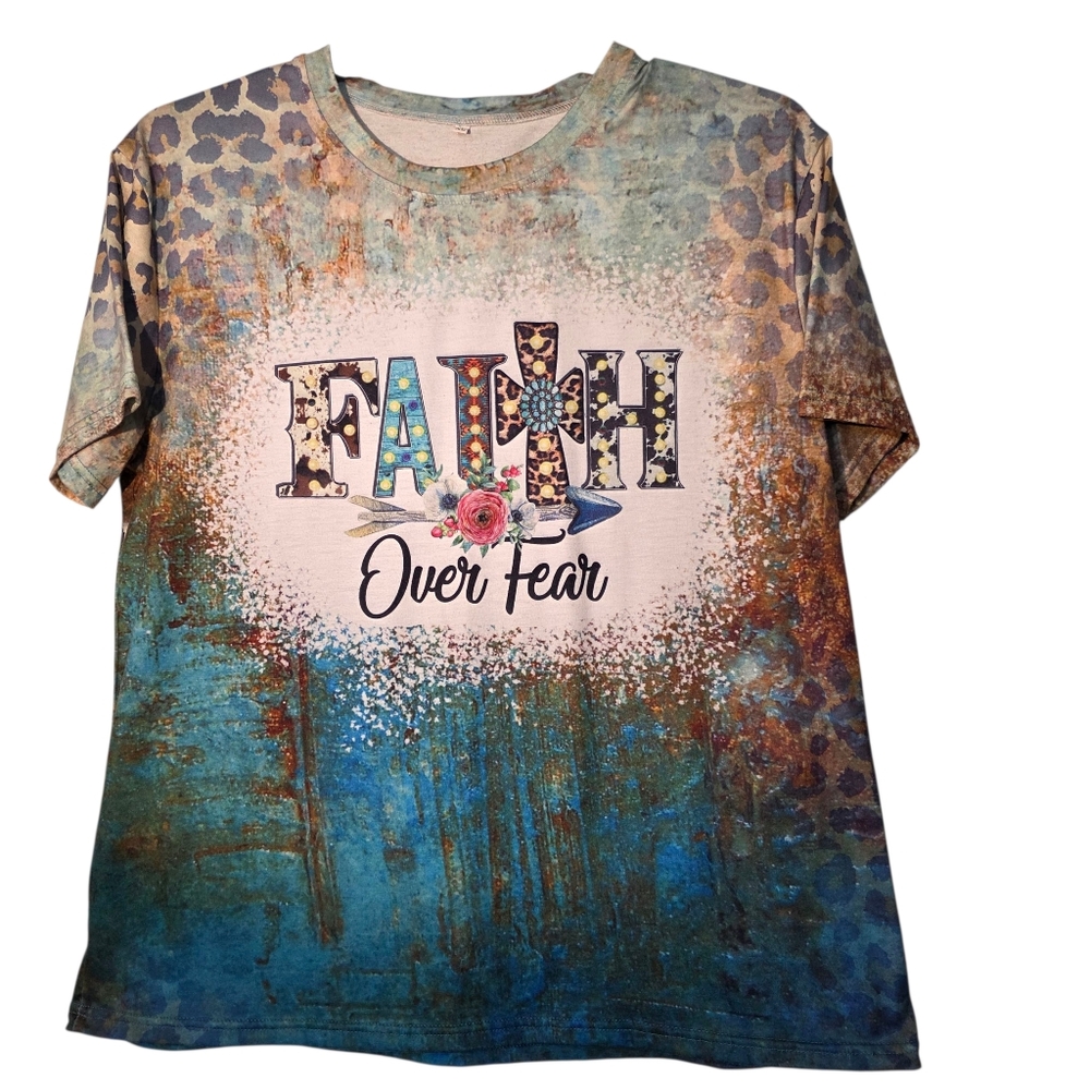 Faith Over Fear Graphic T-Shirt Blue and Brown XL EUC